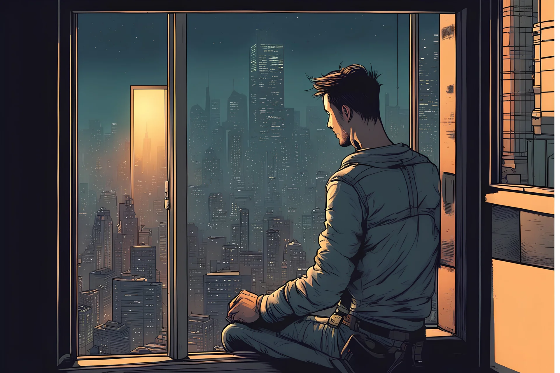 a man, cyberpunk, looking out a window at the city, fog, hovering cars, comic book art style, shirt, jeans, night time, a robot cat sitting on the ledge,