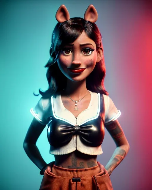 Waist up portrait, hybrid character, waitress British woman with classic muppet mask that covers her entire head and face, Sesame Street style, latex dress, short shirt, old school tattoo, hot, smooth, unreal engine 5, god lights, ray tracing, neon, RTX, lumen lighting, ultra detail, volumetric lighting, 3d.