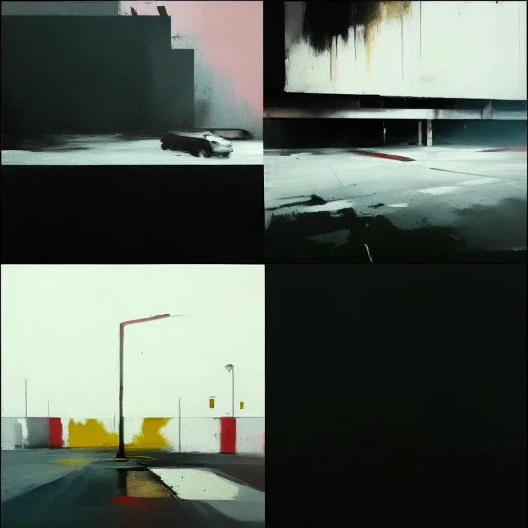 Minimal abstract oil paintings of a desolate 1960s carpark. Illuminated by a spotlights. On the floor are concrete fragments and road markings . In the dark mysterious style of Justin Mortimer and Francis Bacon.