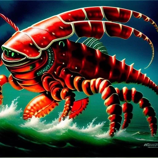 ultra detailed fullbody Drawing of Mecha Sea monster Gigantic RED Alien Lobster on the shore ,open mouth, with sharp teeth, with glowing Green eyes, with humungus mechanical pincers, extremely detailed digital painting, intrincate, extremely detailed face,crystal clear Big eyes, in the style of Frank Frazetta, mystical colors , perfectly centered image, perfect composition, rim light, beautiful lighting, 8k, stunning scene, raytracing