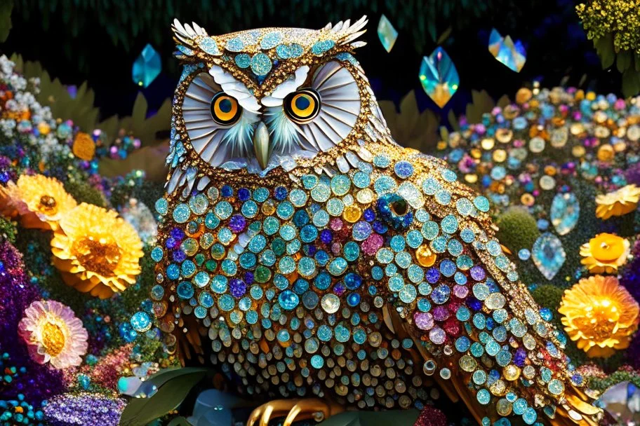 Owl made of gemstones and jewels in a flowergarden in sunshine