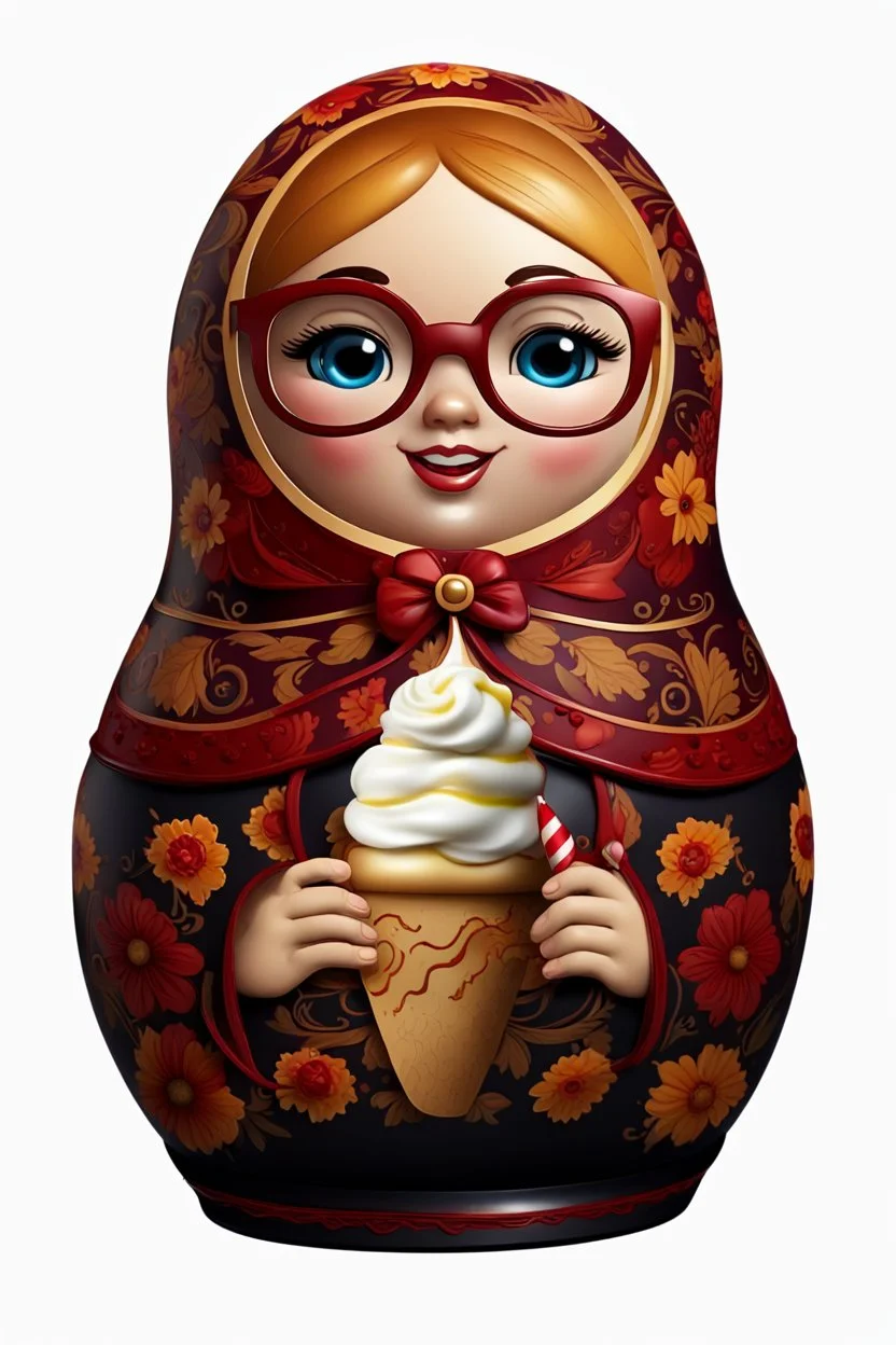 draw a Russian matryoshka doll in the style of Khokhloma, the matryoshka is smiling, the matryoshka has a icecream in her hands, a frontal angle, a picture on a white background, the matryoshka is drawn entirely, a highly detailed 3d picture