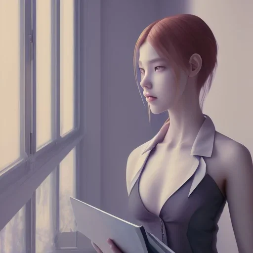 female student studying by the window, anime style,perfect face, cool face, ultra detail, unreal engine 5, cinema4d, sun light, studio lighting --ar 1:1 --v 4