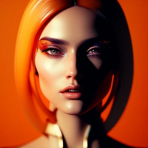 A beautiful portrait of a cute cyberpunk woman orange color scheme, high key lighting, volumetric light high details with white stripes and feathers and celtic paterns