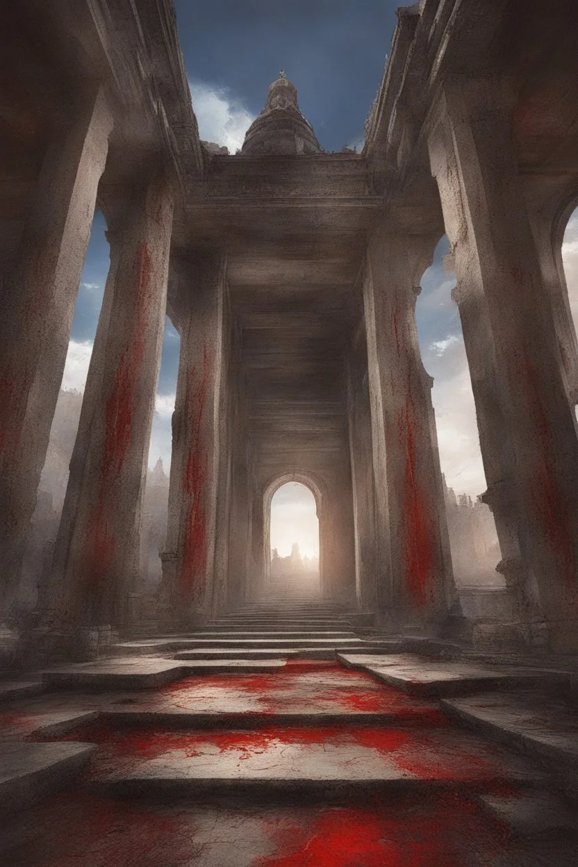 Broken temple with the floor covered in blood, detailed painting, sky of blood, bloody stone, creepy