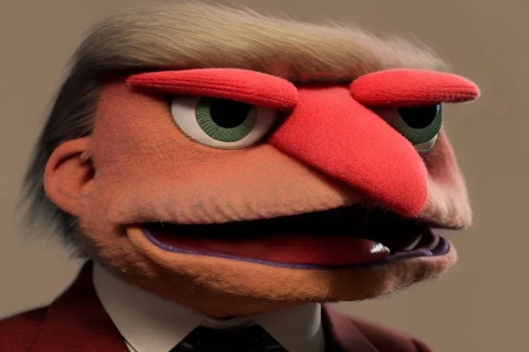 Angry muppet trump in suit, no tongue, looking forward, face, small, round puffball nose, eyebrows