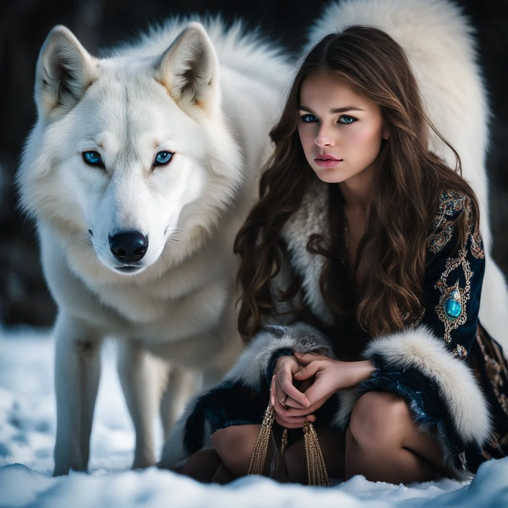 Beautiful young girl kneeling next to a white wolf