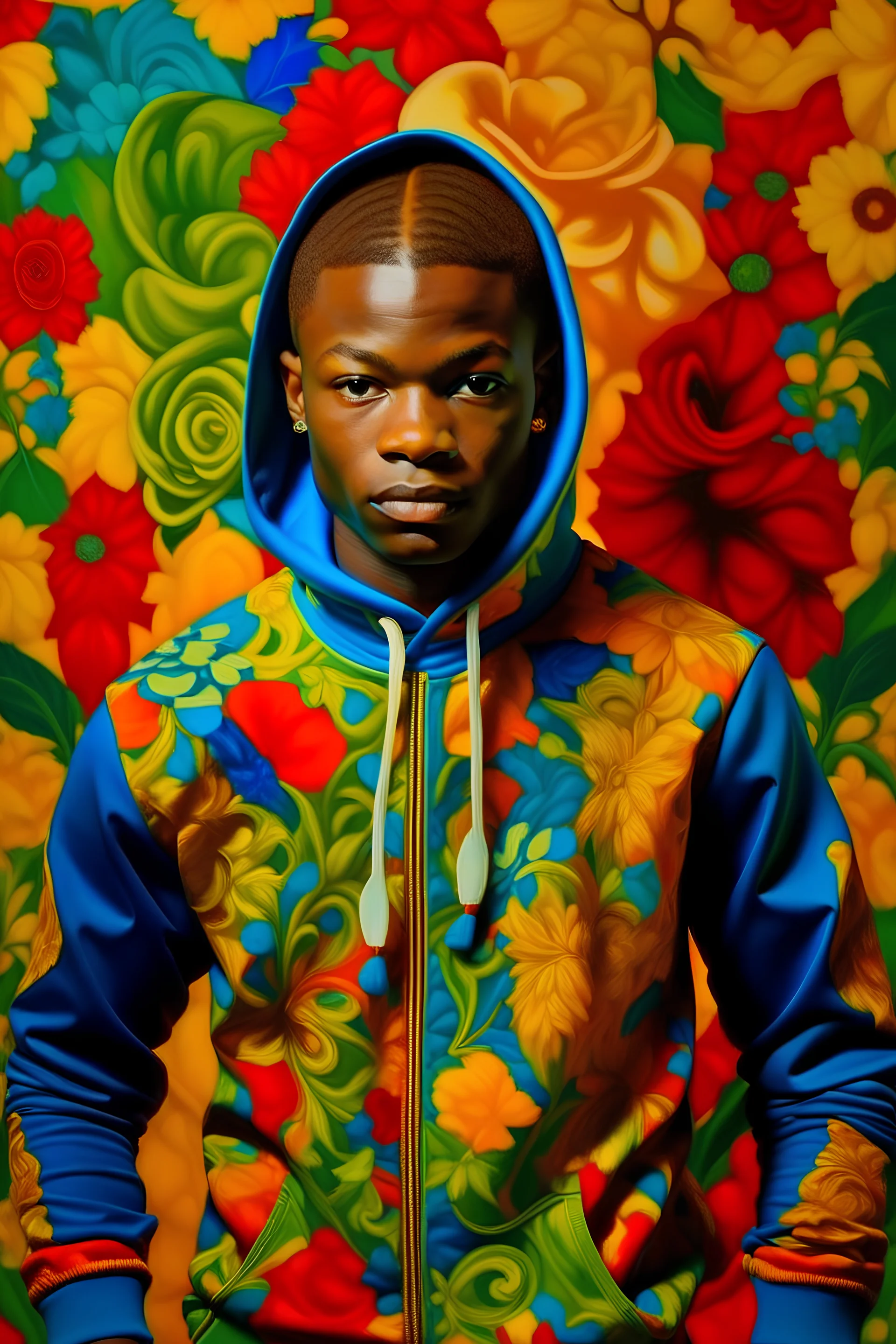 create a simple art painting inspired by Kehinde Wiley wear one colour hoody, colourful backround, without show the face
