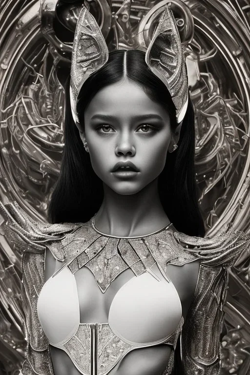 a poster of a Jenna Ortega, dressed as Catwoman, black leather, fine-art photography, rim lighting, 16k, full length, ultrarealistic, UHD faces, Unsplash, kodak ultra max 800, intricate, cinematic pose, centered symmetrical composition, stunning photos, masterpiece, grainy, centered composition