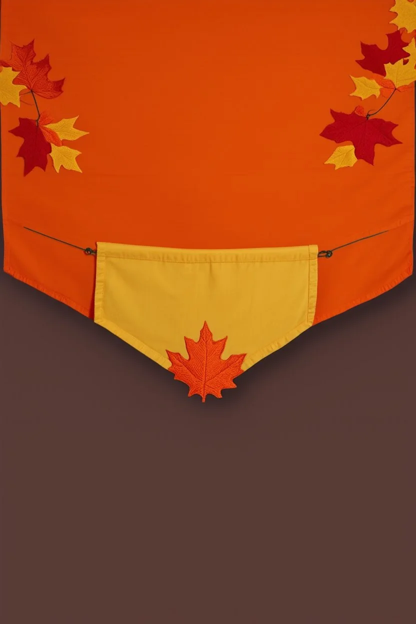 an autumn colored cloth banner hanging with embroidered leaves and slightly downward pointed bottom, on dark background