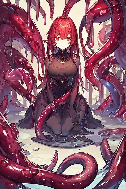 Slime, women with tentacles, feet, leaning pose, darkred tones,