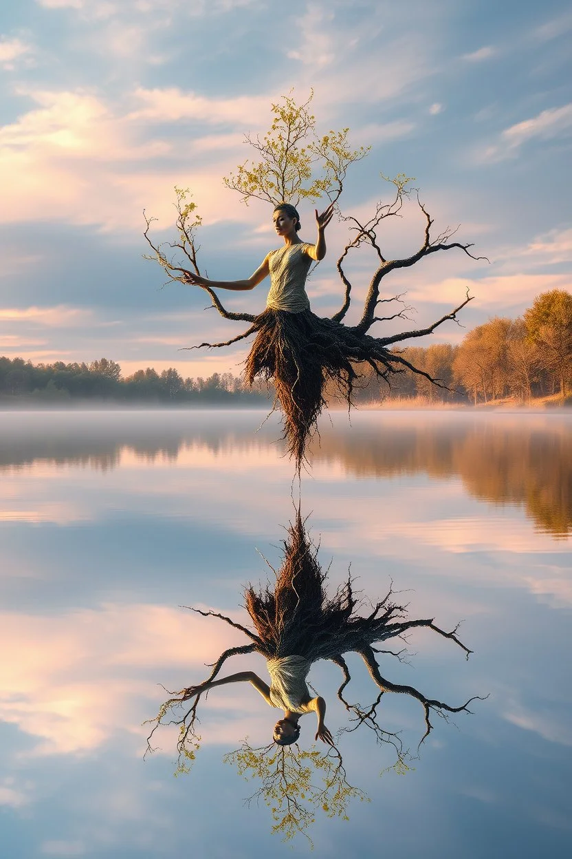 [High-resolution surrealist photography], [A floating Darwis fuse with tree branches, with roots growing from its body and delicate leaves sprouting from the hand, hovering above a calm, reflective lake at dawn], [magical and poetic look, merging nature and music to evoke a sense of harmony and life emerging from sound], [outdoor setting with a serene lake, where the still dancer perfectly reflects the and the soft, pastel-colored sky, creating a mirror-like effect], gentle, golden morn