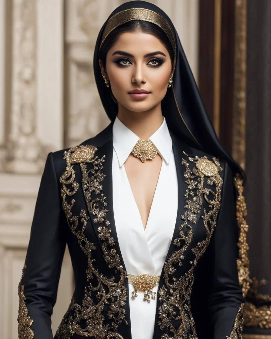 A length image ,professionals photography cinematography, stand action pose an beautiful young girl super model iranian wearing islamic hijab as spy detective with shoulder length wearing luxury jewelrys and lipstick. She is wearing a islamic fashion luxury tuxedo with a black bowtie. Her jacket is black decorations golden art and it is not buttoned. Her jacket has a corsage,She is smiling. Her cufflinks are black.stand pose in futuristic