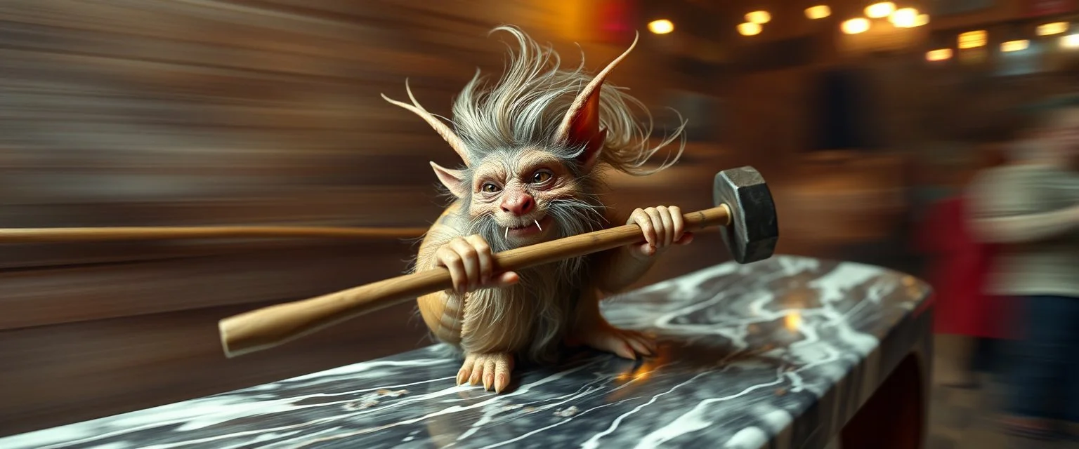 hårete gremlin artist player hurtig snegle med vind i håret på fest med stor slegge aker ned sklie av marmor malt av Rembrandt, motion blur background