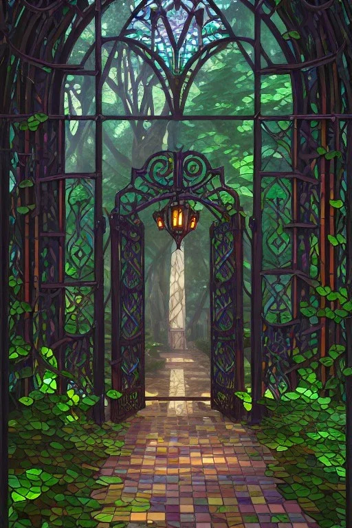 open iron gates made of colorful stained glass, covered in vines, trees, very large entry leading to a lush garden, see lot details in the garden, photo realistic 4k, nature, beautiful hand laid checkered pattern stone walkway path, trending on artstation, sharp focus, studio photo, intricate details, highly detailed, by greg rutkowski