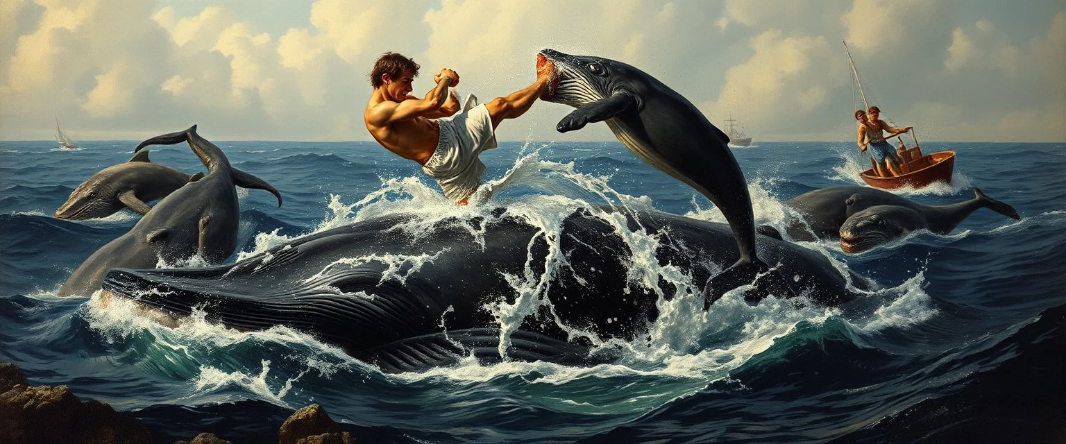 kick boxing match on top of whale, painted by rembrandt violence, aggression, mating, sexual behavior, whales interacting, animals attacking boats, collisions, chaos, distortion,multiple animals entangled,