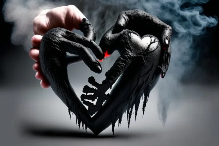 A black hand made out of black smoke violently crushing an anatomically correct heart