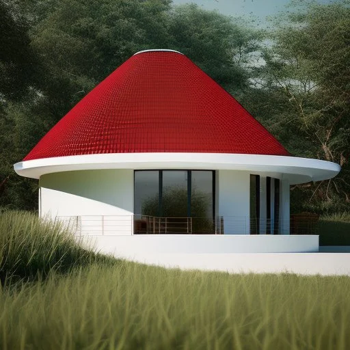 Draw an lineal illustration of a red and white country house, oval and round shapes, modern, minimalist style, ultra quality, detailed, Zaha Hadid style, Zaha Hadid style