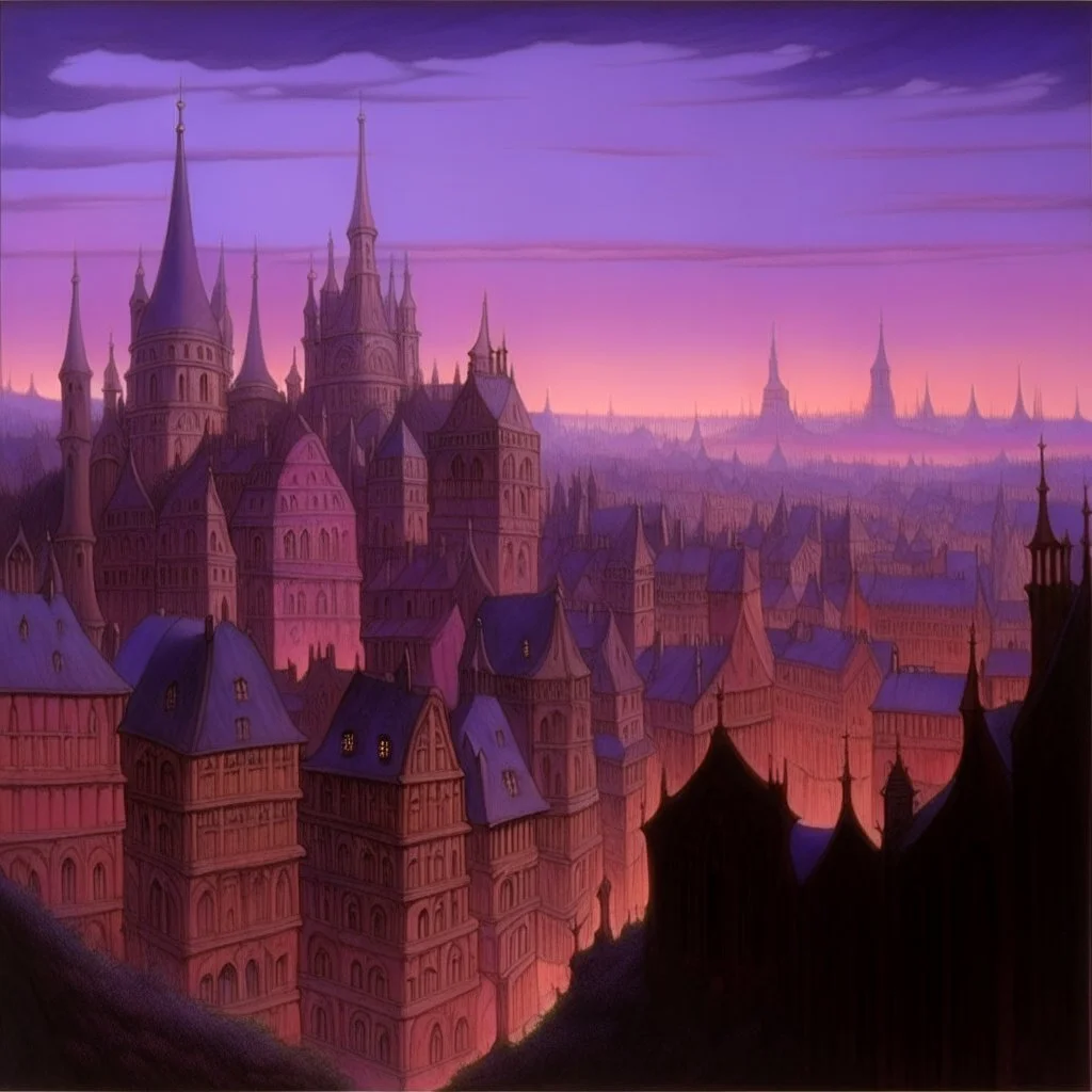 A light purple city in twilight painted by the Limbourg brothers