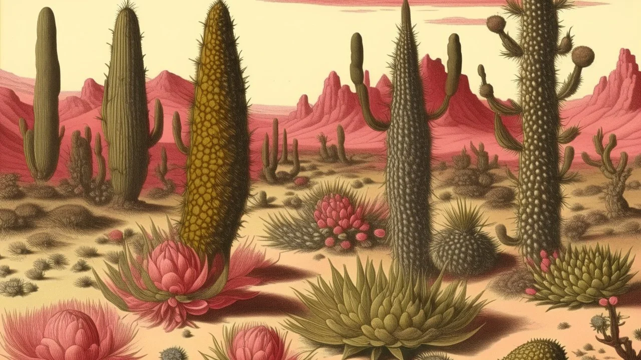 A rosy pink desert with prickly pear cactuses painted by Utagawa Hiroshige