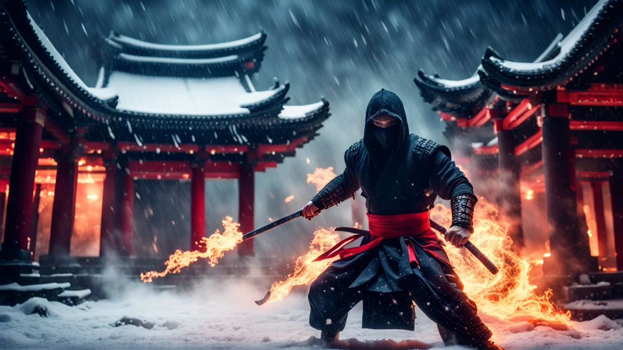 Hyper Realistic Photographic View Of A Handsome Muscular Ninja in his Traditional attire unleashing & attacking with fire-balls outside a dark abandoned Chinese Temple Ruins at dark heavy snowfall night with dramatic lighting & cinematic ambiance.