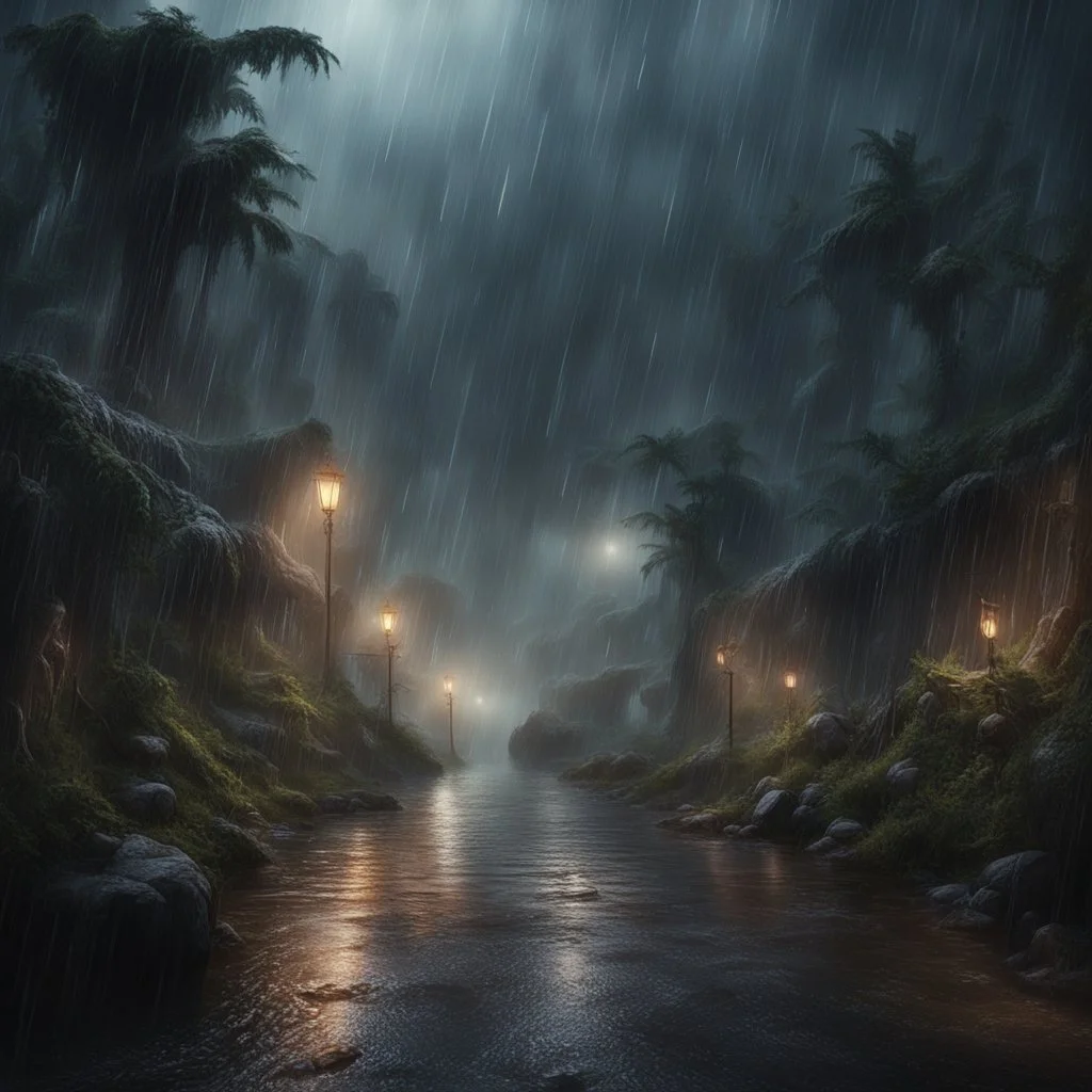 Hyper Realistic No-Theme Thursday very-heavy-rainy-night with prehistoric-cinematic-ambiance