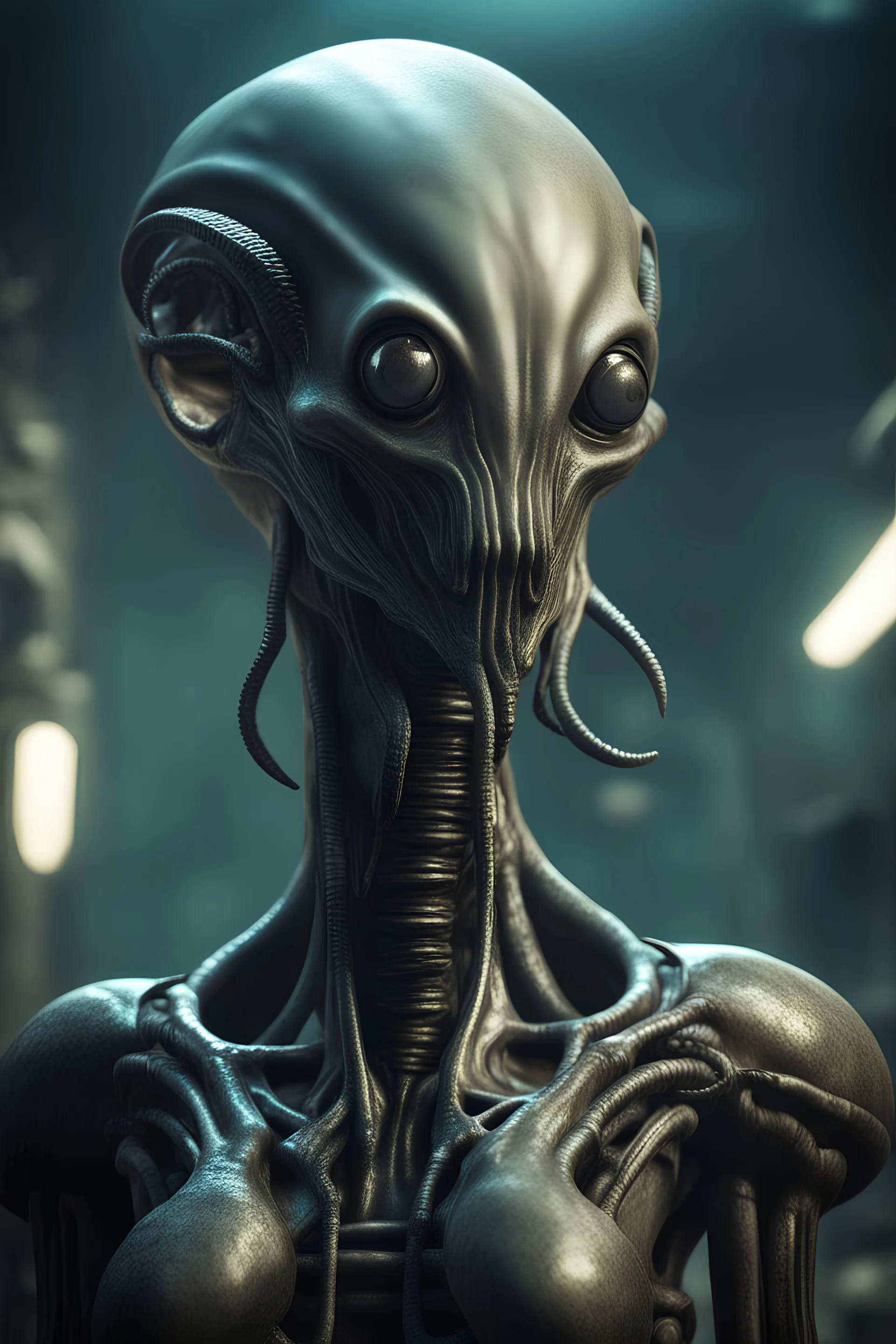 xcom's terror from the deep giger style alien in fallout 4 setting, bokeh, downlight, prize winning, depth of field, in the style of ivo caprino