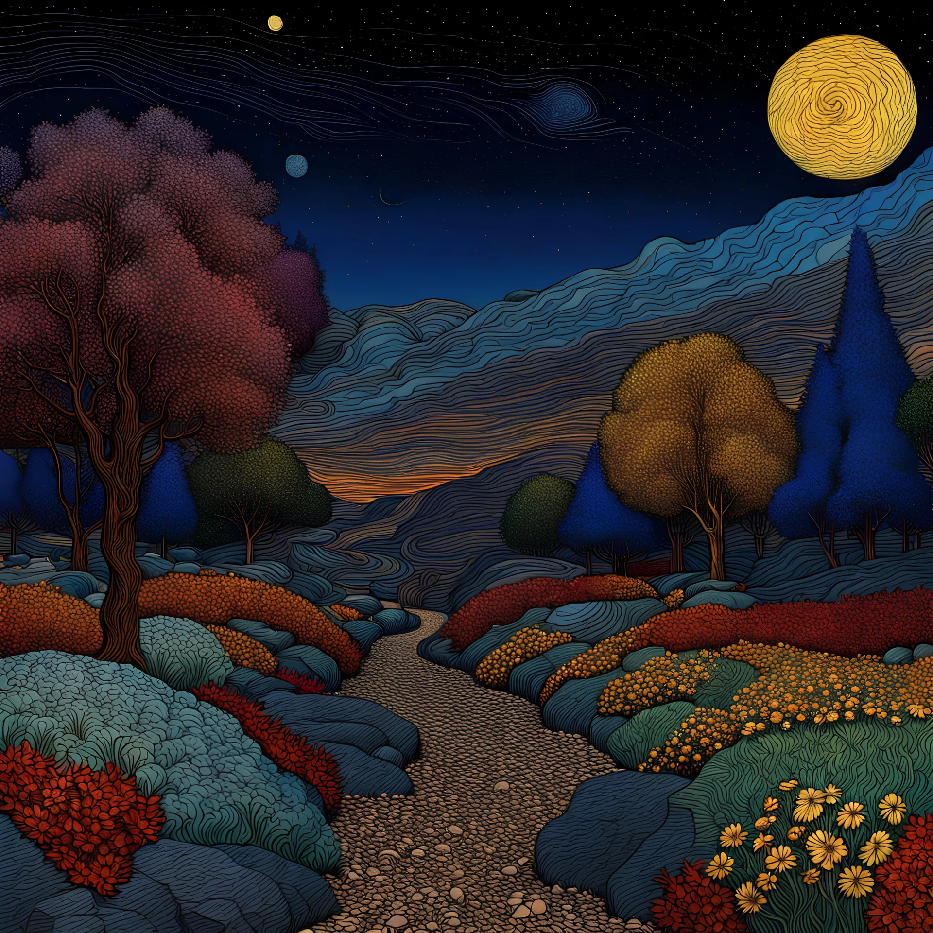 Colourful, peaceful, Max Ernst, Vincent Van Gogh, night sky filled with galaxies and stars, rocks, trees, flowers, one-line drawing, sharp focus, 8k, deep 3d field, intricate, ornate