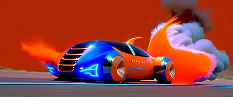 award winning car and driver photograph of a futuristic station wagon designed by only one vehicle per image painted metallic orange traveling at a high rate of speed, jet intake off of front center of vehicle and jet exhaust out the rear with bright blue flame, bilaterally symetrical, more a high speed road vehicle