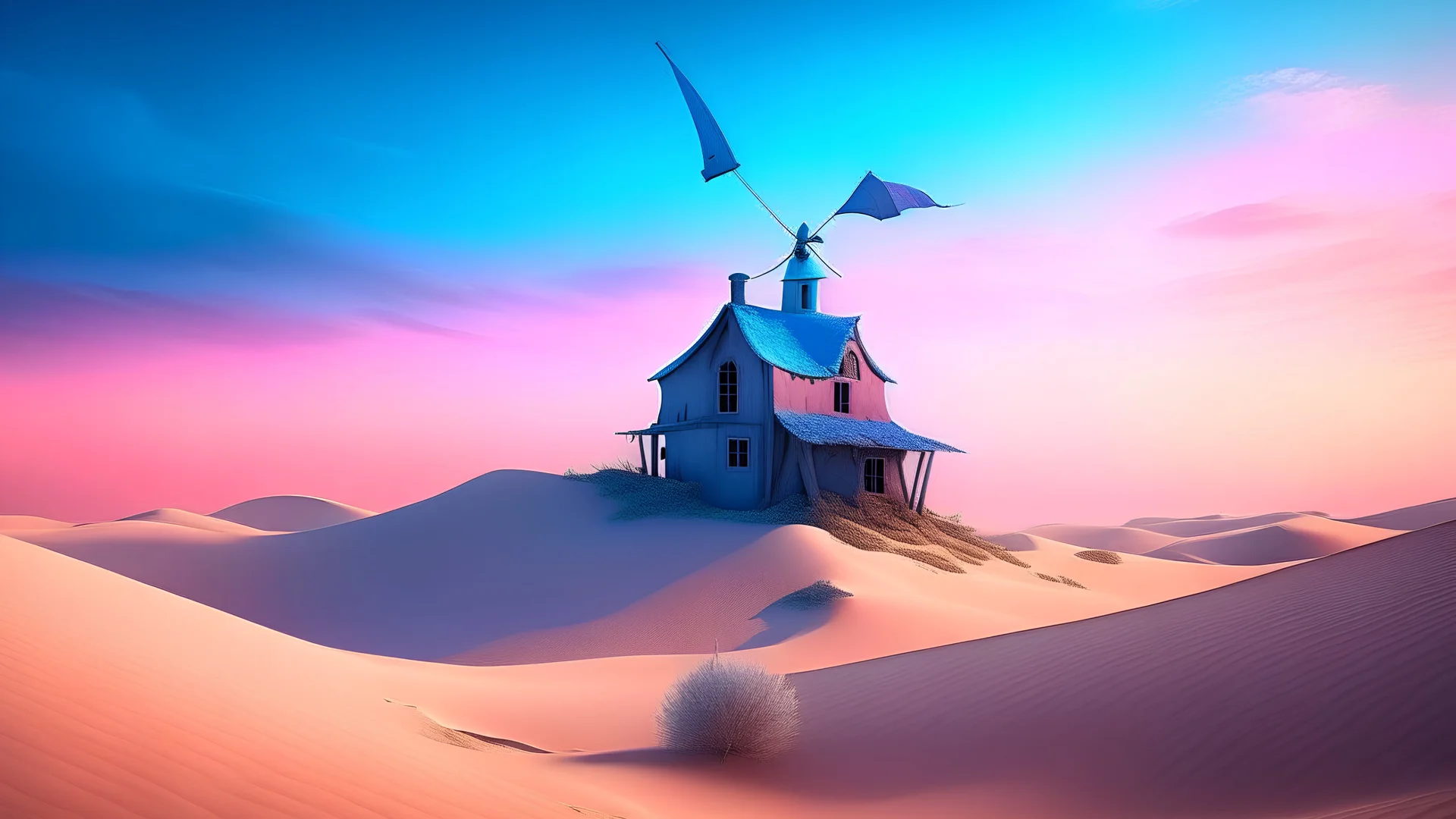 An ethereal panorama unfolds before the eye, where a towering windmill stands on stilts amidst undulating sand dunes. Houses, half-buried in the shifting sands, add to the surreal tableau. The scene is further enlivened by a distorted perspective, accentuated by a mesmerizing gradient, casting an otherworldly allure.