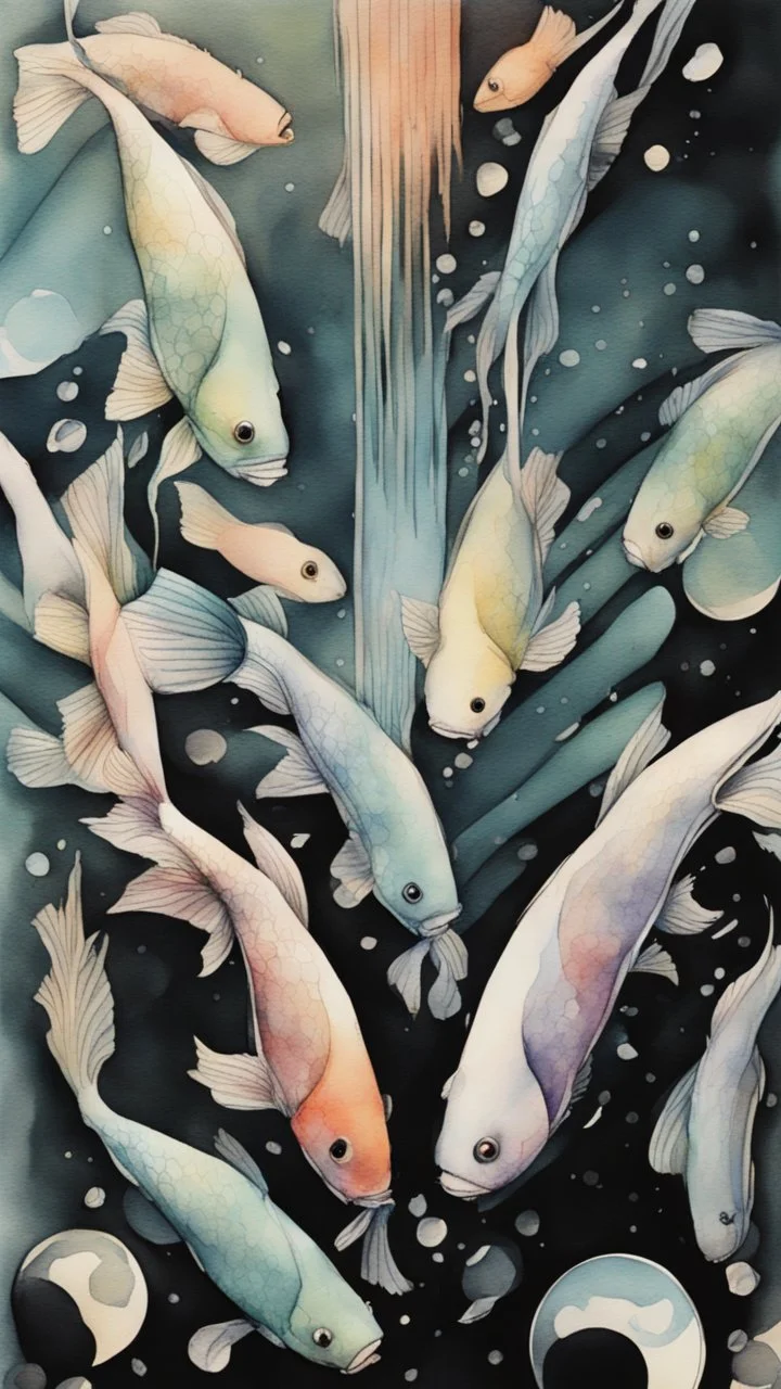 Create a fish in side a crystal ball with a smear . watercolor drawing fine line draw