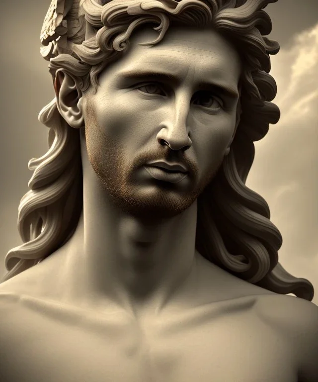 Realistic image, classic sculpture, marble material, Lionel Messi with Laurel wreath model, miguel angel style, God light, god rays, 4k resolution, perfect details, ornate details, soft lighting, unreal engine 5, soft cyan background.