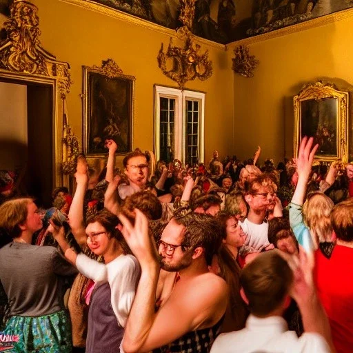 Party in a schloss, cheering people, Austrian aesthetic, warm colors, wood, green, red, 8k, HD, cinematography, photorealistic, Cinematic, Color Grading, Ultra-Wide Angle, Depth of Field, hyper-detailed, beautifully color-coded, insane details, intricate details, beautifully color graded, Cinematic, Color Grading, Editorial Photography, Depth of Field, DOF, Tilt Blur, White Balance, 32k, Super-Resolution, Megapixel, ProPhoto RGB, VR, Halfrear Lighting, Backlight