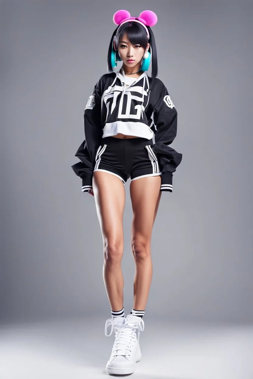 a cute full body shot of anime adult lady wearing hip hop dance clothes standing