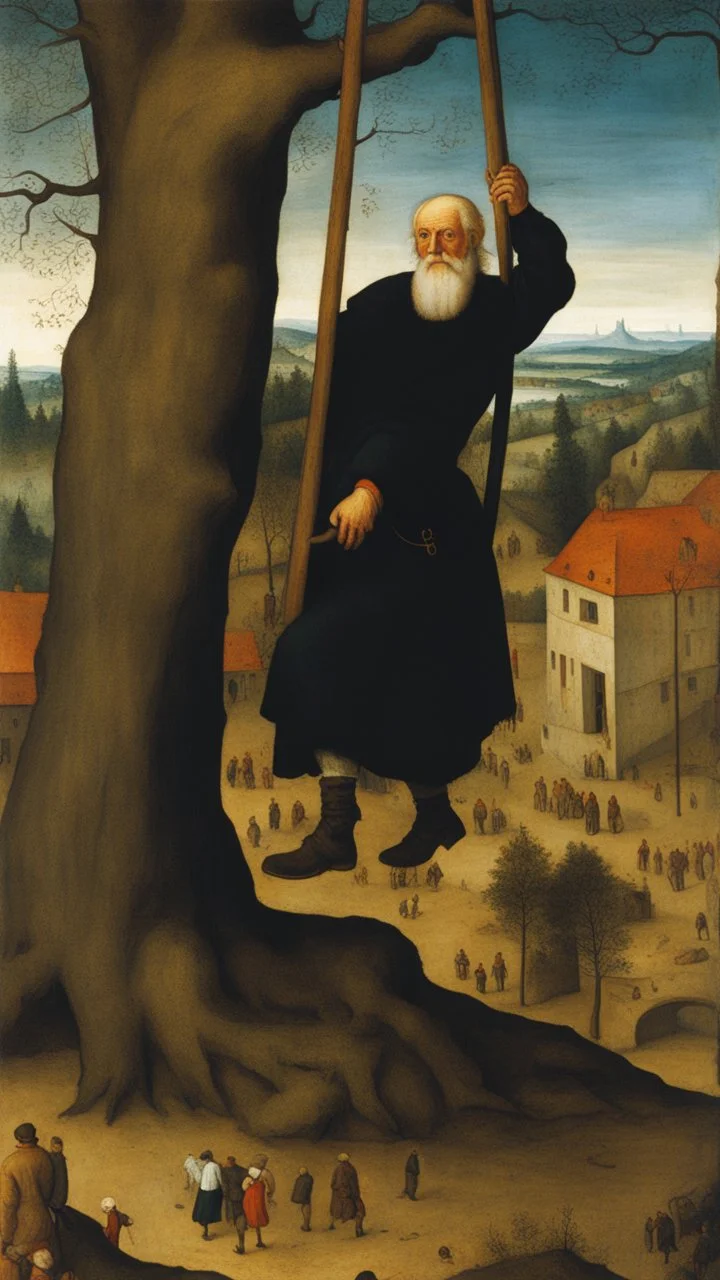 Pieter Bruegel painting style for an old man hanged on a tree