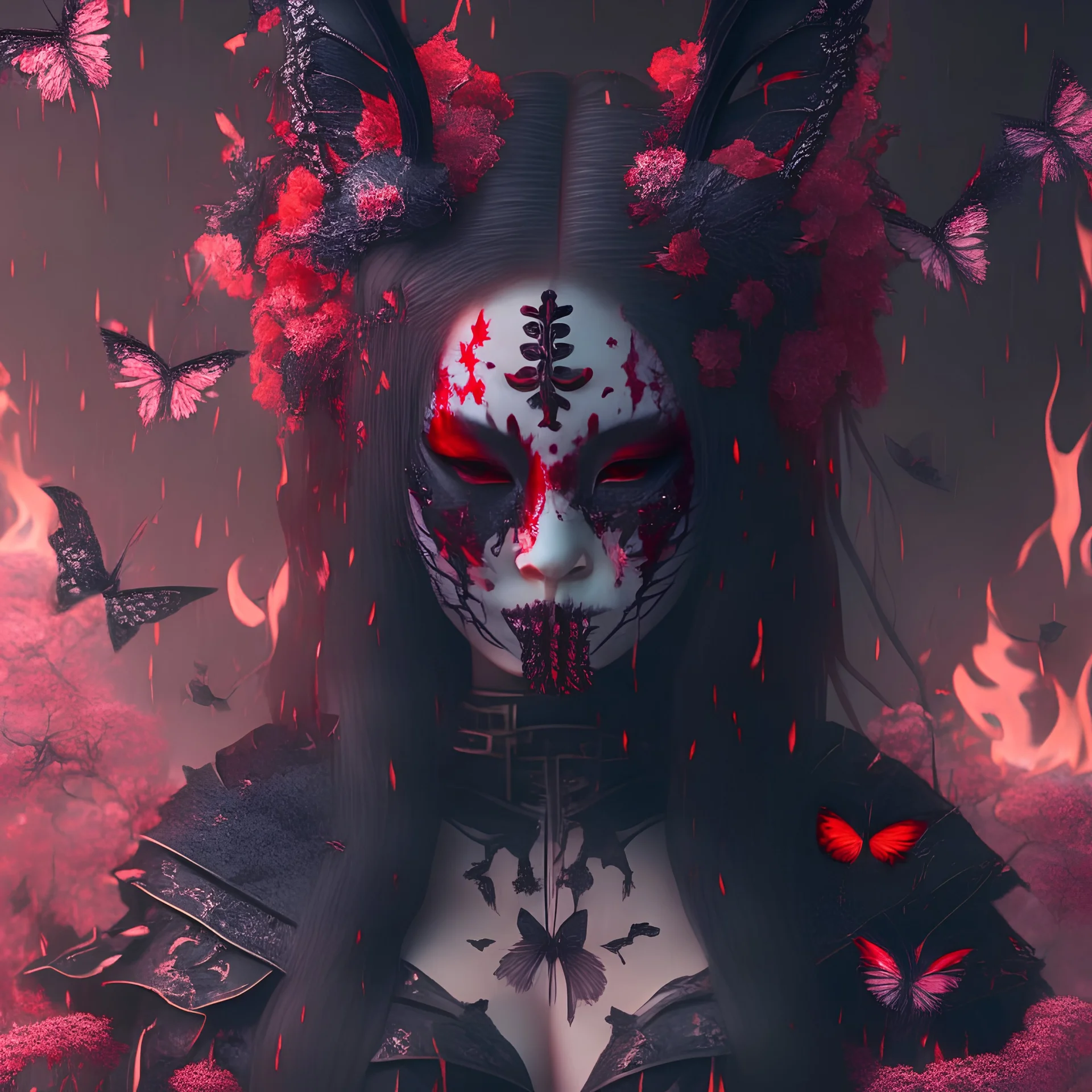 Goth girl, mask japan, burning all, fullbody, leaning pose, blood, butterflies, Skulls, raining, raivens, guts, wildflower, intricate, nature, plants, pink, rabbit, darkred tones,realistic photograph , 3d render, octane render, intricately detailed,