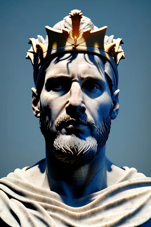 Ultra Realistic image, Roman sculpture, white marble material, Lionel Messi, gold crown of natural thorns, god crown, Renaissance style, sun rays background, waist up portrait, epic, celestial, cinematic lighting, God lights, 4k resolution, smooth details, soft lighting, unreal engine 5, art station, substance 3d.