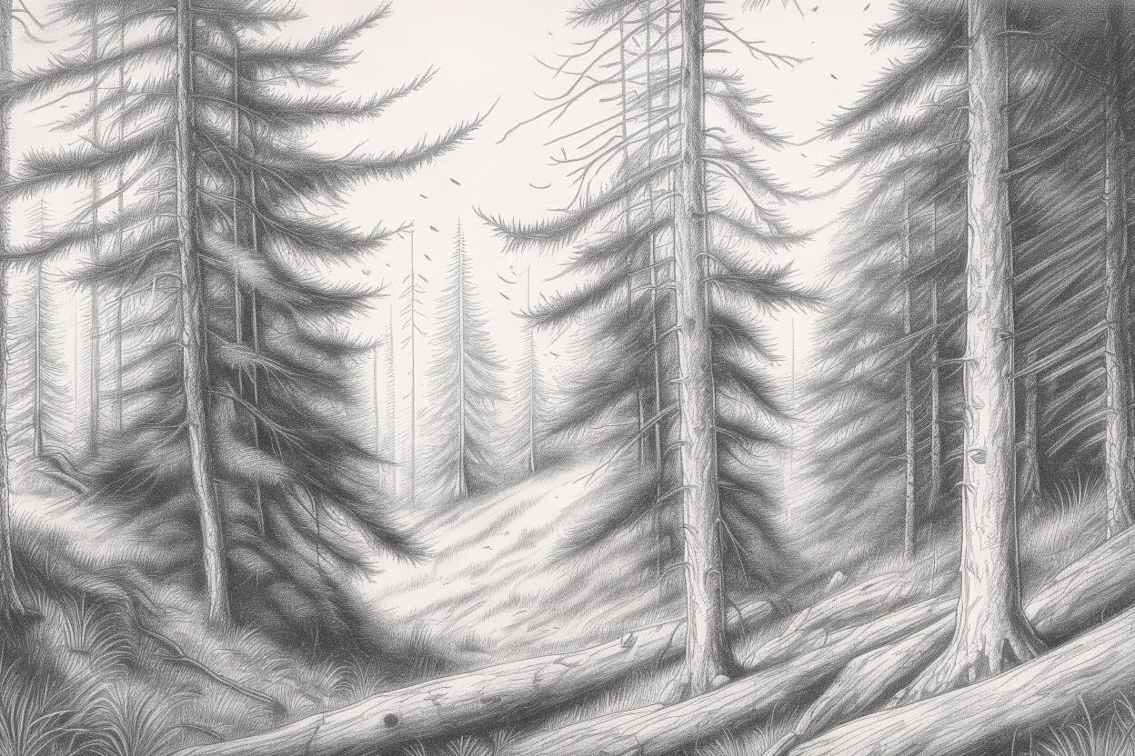 Norwegian forest, woodland- Pencil drawing, realistic, graphite