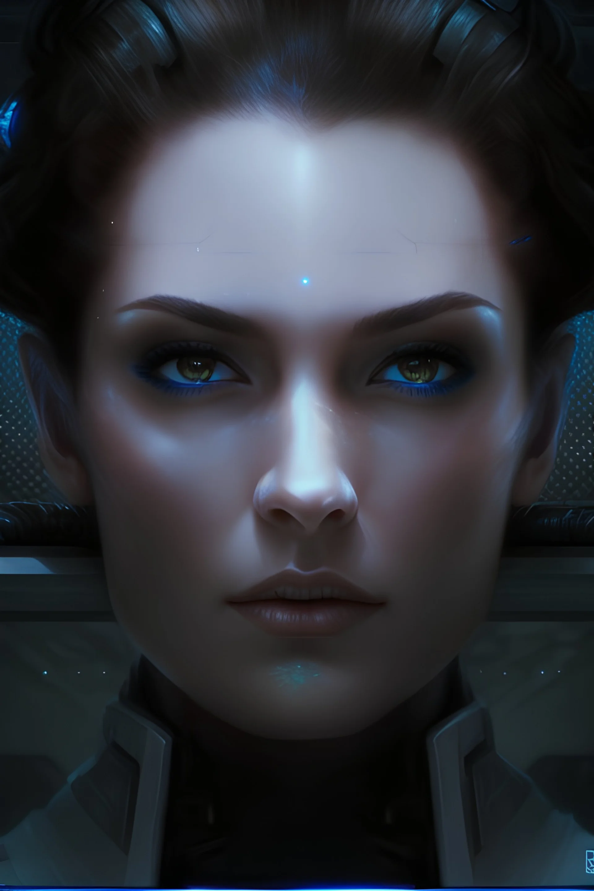 beautiful female captain, high tech, sci fi, dark brown eyes, pale skin, blue high tech outfit with orange lighting, dark bun hair, scowling, portrait, sitting on bridge main chair, less shadow, white teeth