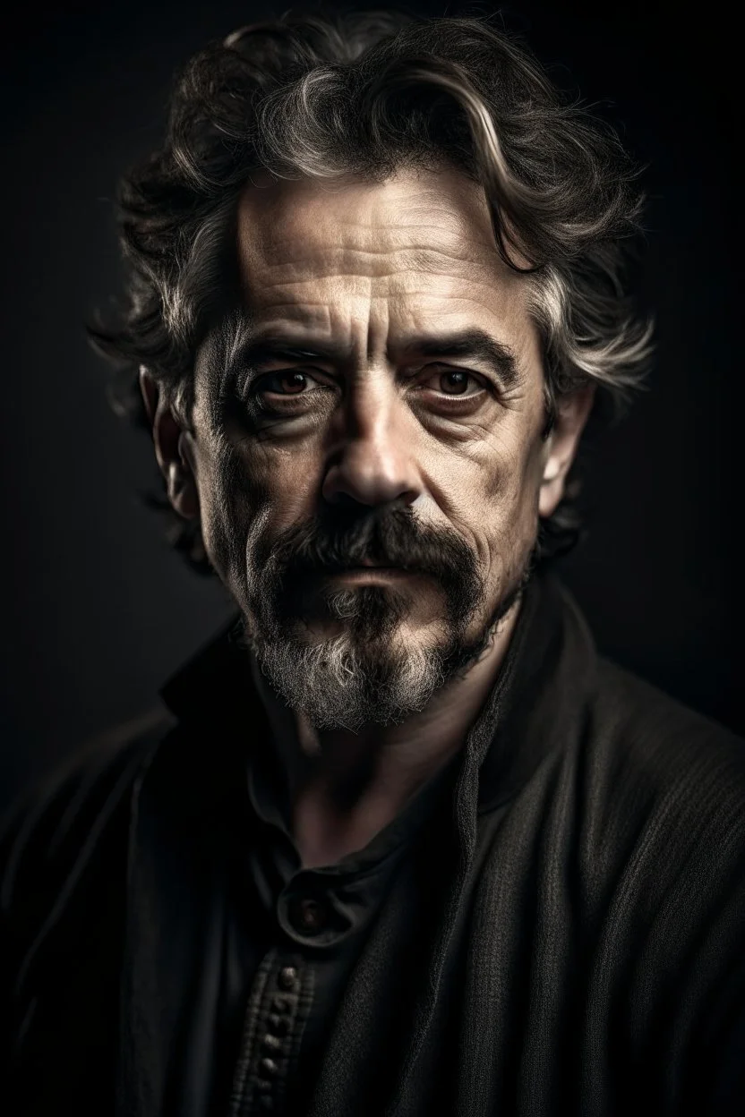 portrait of a man in his forty, dark goatee, salt and pepper hair, charming, similar to Robert Downey Junior, Caravaggio style