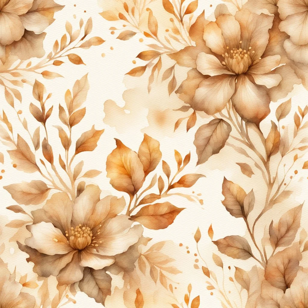 Hyper Realistic Beige watercolor-Floral-Patterns With Glowing Golden Embers On Off-White Grunge Background.