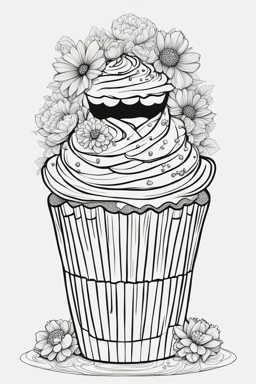 create a outlined coloring page of a smiling cup cake. Pay attention to the details of the faces and flowers and the emotions conveyed by the couple. White background, sketch style, half of body, use outline, Mandala style, clean line art, no shadows, no coloring, no shading, no grey.