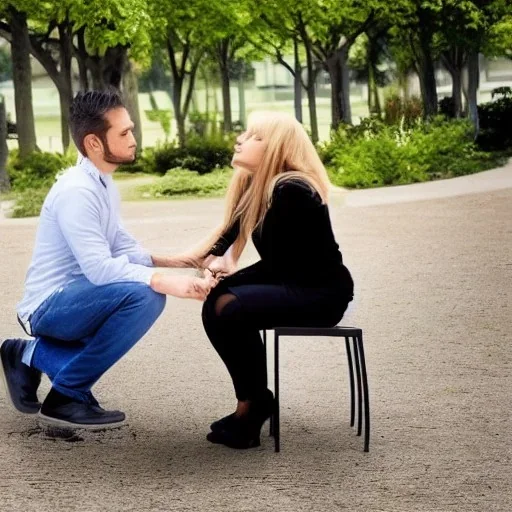 Sad beautiful lady trying to stop handsome man from leaning , park, realistic, intricate, insanely detailed