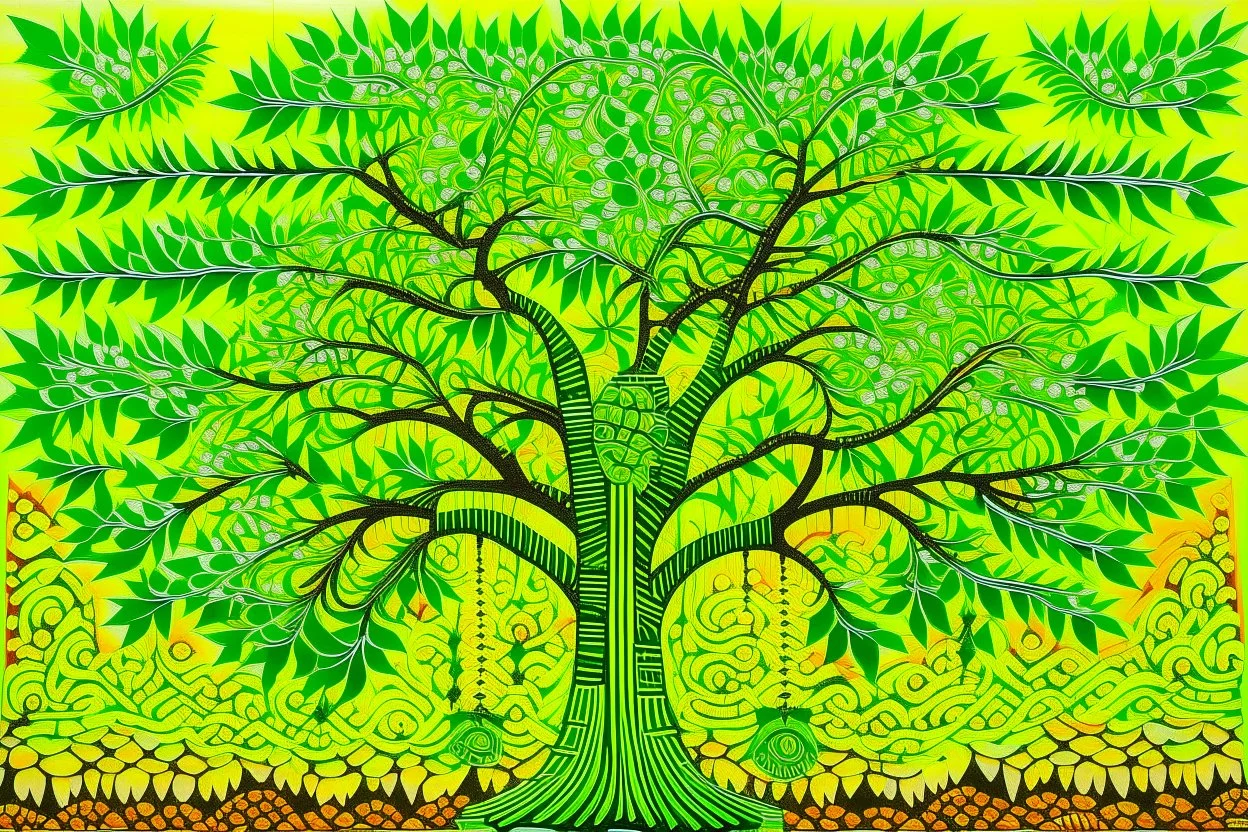 A lime green tree with funky music notes designed in Navajo baskets painted by MC Escher