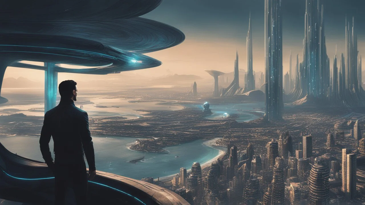 man overlooking a futuristic sci-fi city following the curve of a sandy bay.