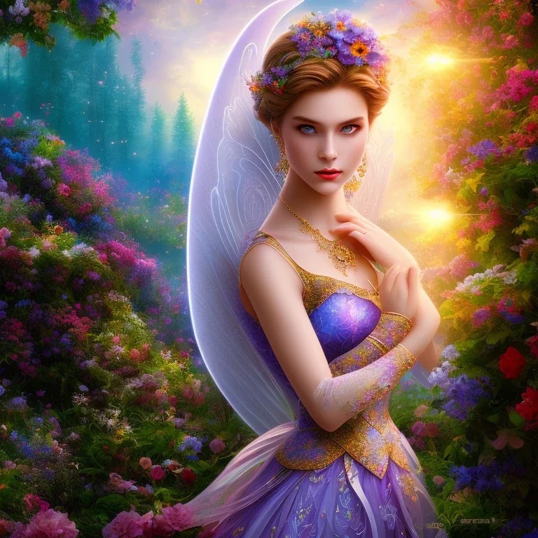 bright fairy, beautiful portrait, flowery landscape