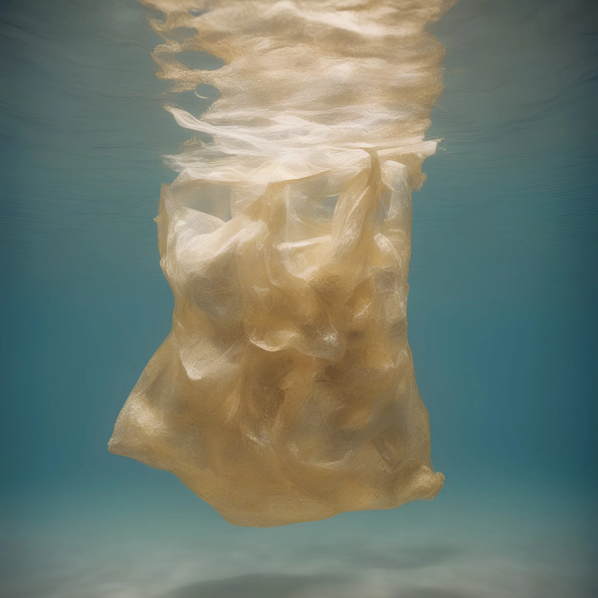 Golden plastic bag underwater in the 1970s, analog photography with white, damaged