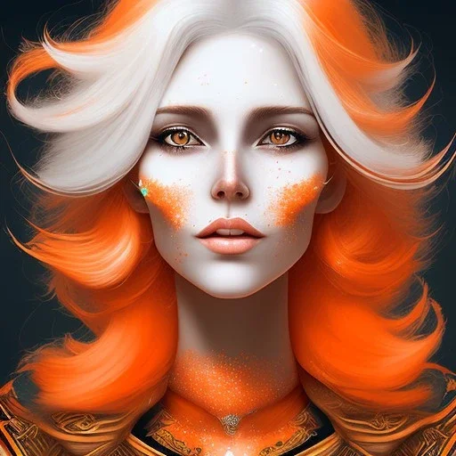 fantasy setting, woman, orange and white hair, wavy hair, freckles, ranger, more orange hair, more white hair