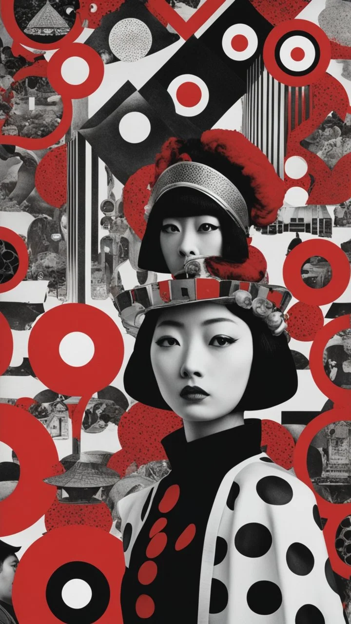 surreal collage art crafted from vintage Japanese magazines poster Novell , art composition by kusama, sci-fi elements , Alice's Wonderland, black and white and deep red