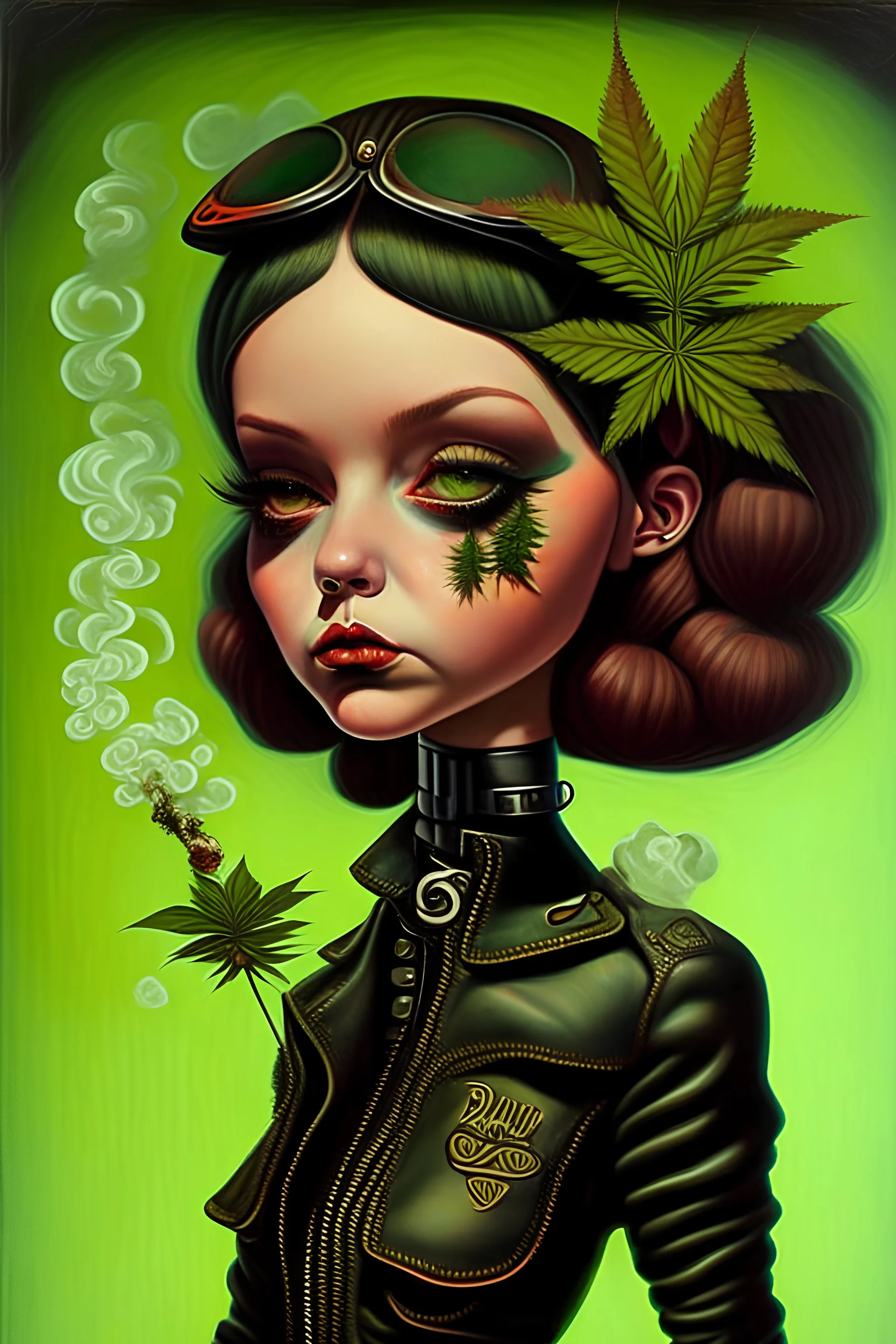 A girl in leather with weed is better; lowbrow art; pop surrealism